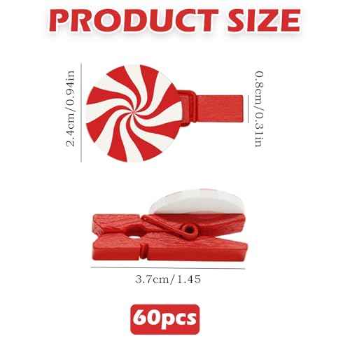 60Pcs Mini Christmas Wooden Clothespins & Clips with Candy Patches, Red Craft Supplies Xmas Buttons for DIY Photo Pegs Decor for Parties Homes & Schools