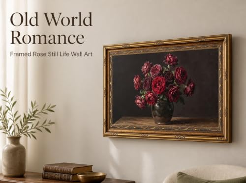 MOGIKE Vintage Framed Burgundy Red Rose Wall Art - 12x24 Inch Floral Canvas for Living Room & Bedroom