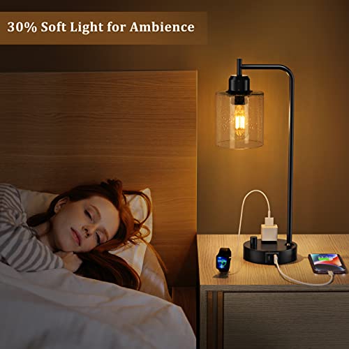 Innqoo Seeded Glass Industrial Desk Lamp with Dimmable Feature, USB-C & Outlet, Black - Vintage Bedside Lighting