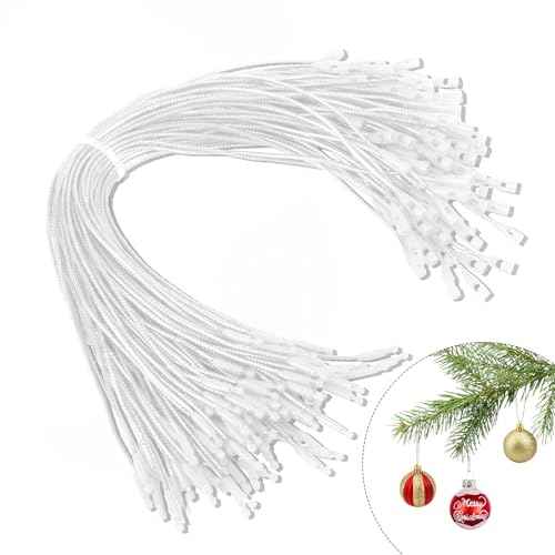 Christmas Ornament Hangers String, 100 Pcs PreCut Ornament Hook for Christmas Trees, Ornament String White, Safe Ornament Ribbon Hangers for Xmas Holiday Party Hanging Decorations with Snap Fastener