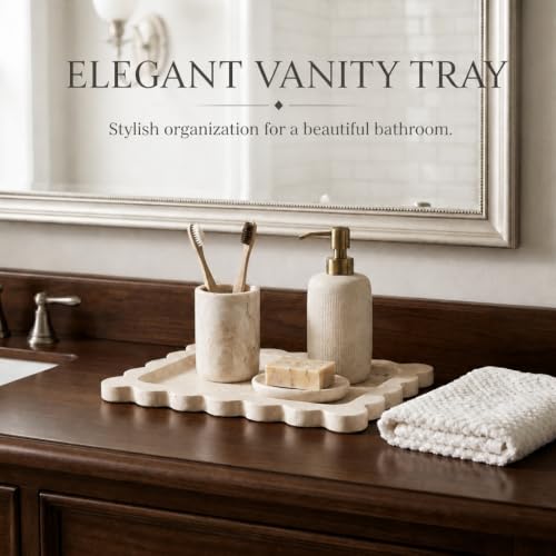 Koville Travertine Vanity Tray 11"x7.9" Beige Natural Stone Organizer for Bathroom & Kitchen