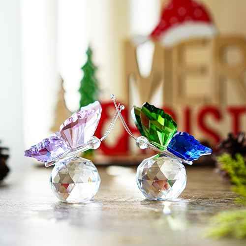 H&D HYALINE & DORA 2pcs Handmade K9 Crystal Flying Butterfly with Ball Base Glass Animal Figurines Cute Craft Wedding Gifts for Guests Home Decoration Accessories
