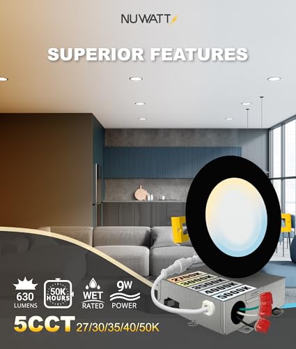 Black 4-Inch LED Recessed Lighting Kit with 5 CCT Dimmable Water-Resistant