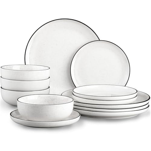 12-Piece Ceramic Dinnerware Set with Plates & Bowls - White, Black Rim, Microwave & Dishwasher Safe