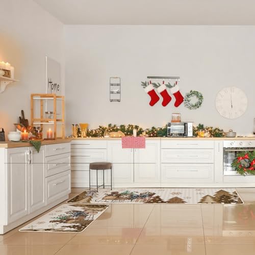 Tinideya 2Pcs Wooden Tree Christmas Kitchen Mats – Snowflake Snow Sleigh Runner Rugs (Variation: Wooden Tree)