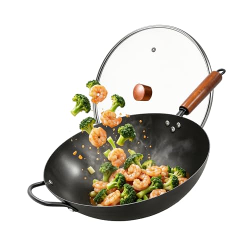 13-Inch Carbon Steel Wok Pan with Glass Lid, Flat Bottom, Pre-Seasoned, Nitrided Technology