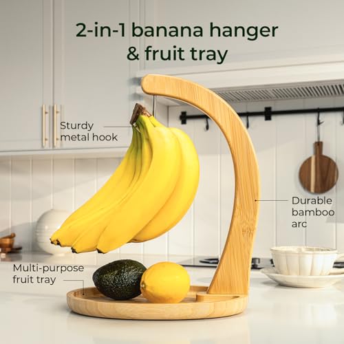 Bamboo Banana Holder with Fruit Tray - Extra Tall 12.9 Inch Stand, Natural Kitchen Organizer