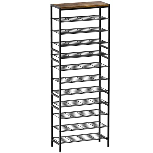 Rustic Brown 12-Tier Metal Shoe Rack with Wooden Top, 40-48 Pairs - UNITSTAGE