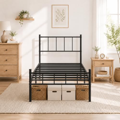 14-Inch Twin Bed Frame with Headboard, Steel Slats, Easy Assembly