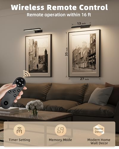 EZVALO 16-Inch Rechargeable Magnetic LED Picture Light with Remote, Dimmable Black Wall Art Lighting