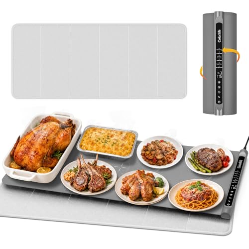 Electric Food Warming Mat with Heat-Resistant Pad - XL 15x35.5 Inches Gray - Preset & Adjustable Temperature