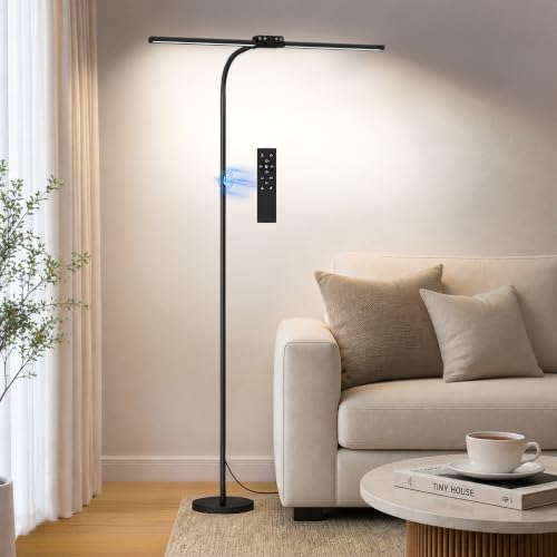 Black Dual-Head Dimmable LED Floor Lamp with Remote & Touch Control - Adjustable Gooseneck, Eye-Caring Tall Lamp for Living Room, Bedroom & Office