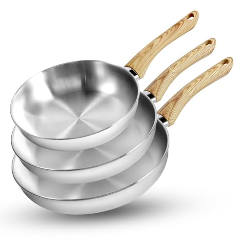 8, 10 & 12 Inch Stainless Steel Frying Pan Set with Heat-Resistant Handles - Dishwasher Safe
