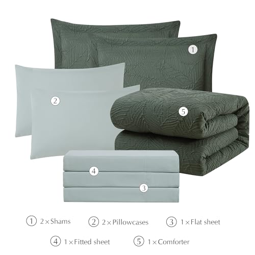 King Size Green Comforter Set - 7 Pieces Bed in a Bag with Botanical Design - King Bedding