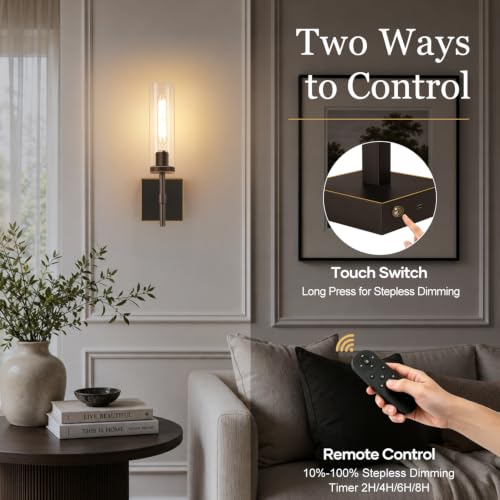 Rechargeable Oil-Rubbed Bronze & Clear Glass Wall Sconces Set of 2 with Remote Control