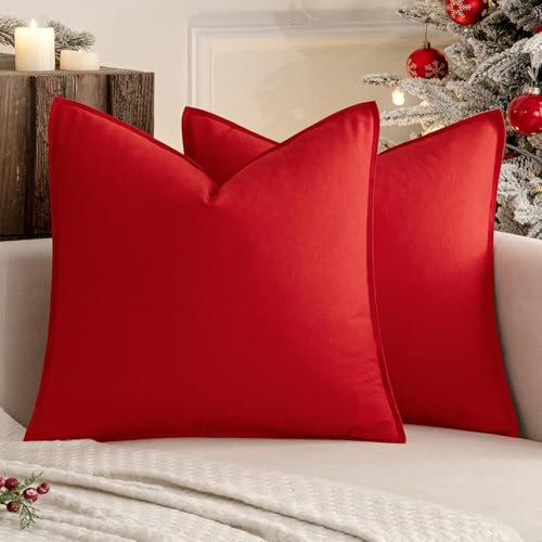 MIULEE 18x18 Inch Christmas Red Linen Pillow Covers (Pack of 2) - Zippered 55% Linen 45% Cotton