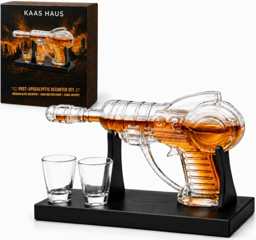 KAAS HAUS Whiskey Decanter Set with Wood Stand & 2 Shot Glasses, Retro Sci-Fi Space Pistol Design, 250mL Gift for Men
