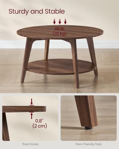 VASAGLE 2-Tier Round Coffee Table - Chestnut Walnut, Mid-Century Modern, 31.5 Inch Diameter
