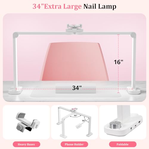 iVict 34-Inch Nail Desk Lamp with Phone Stand - White, Adjustable Brightness & Color