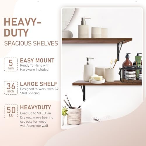 Kaboon 36-Inch Dark Walnut Floating Shelves Set of 2, Wall Mounted Open Shelves