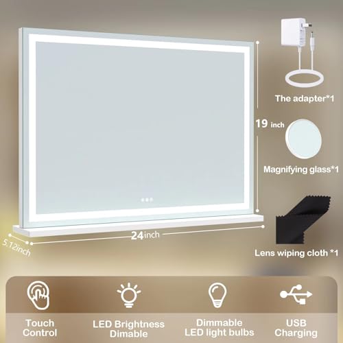 Round White LED Makeup Vanity Mirror with USB Charging & 10X Magnification - 24x19 Inch