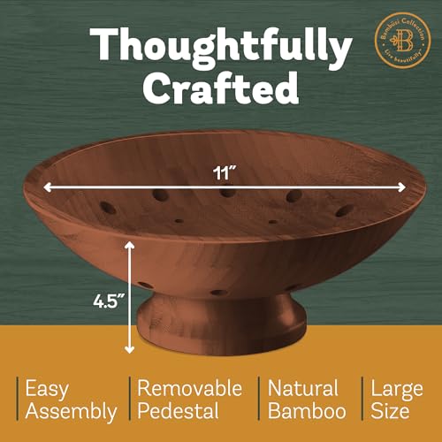 Brown Wooden Fruit Bowl with Pedestal – Large Bamboo Vented Fruit Basket