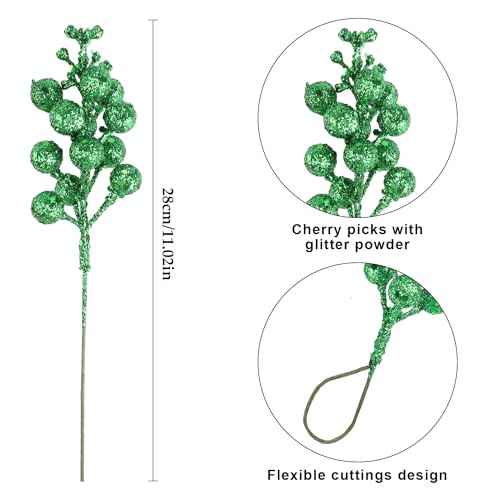 DIYASY Green Glitter Berry Stems,20Pcs Artificial Xmas Picks and Sprays Christmas Tree Filler Branches Ornaments Holiday Wreath Garland Decorations Home D?cor 7.8 Inch