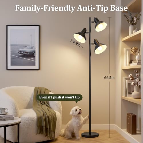 Black 67-Inch Tree Floor Lamp with 3 Adjustable Heads - Modern Living Room Lighting
