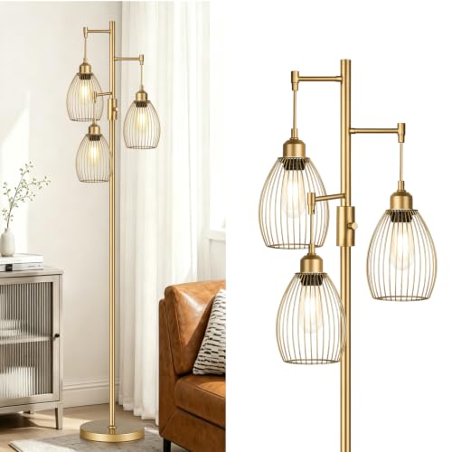 Dimmable Industrial Floor Lamp - Gold Tree Standing Lamp with Teardrop Cage Heads, 70-Inch Tall, 800 Lumens LED Bulbs Included - Variation: Gold