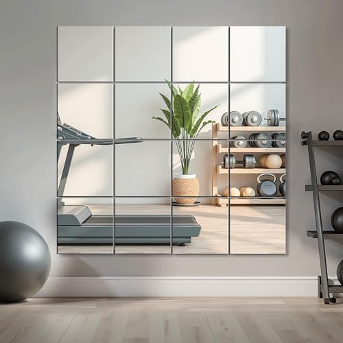 Frameless 12x12 Inch Glass Mirror Tiles - 16 Pack Home Gym Wall Decor