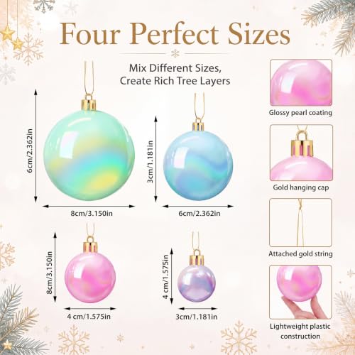 Civaner Pastel Candy Christmas Ball Ornaments 52-Pack, 4 Sizes, Plastic