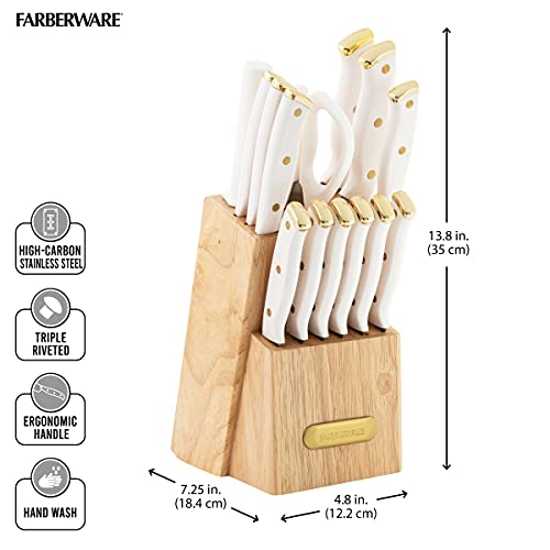 White and Gold 15-Piece Knife Block Set - High-Carbon Stainless Steel Kitchen Knives