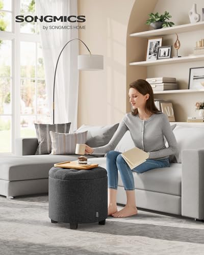 Round Storage Ottoman with Linen-Look Fabric - Dark Gray, 17.7 Inch