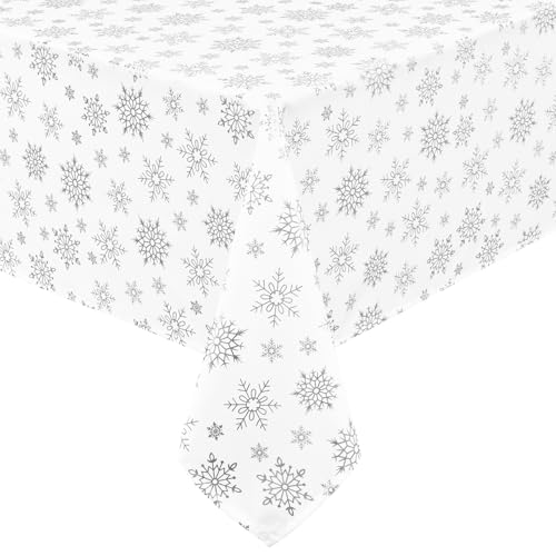 FRAMICS Christmas Table Cloth 55x55 Inch White Silver Snowflake Waterproof Square