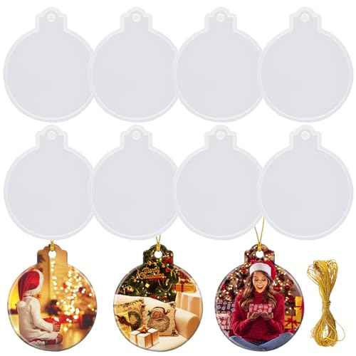 FEBSNOW 4PCS Christmas Ornaments Resin Molds Round Silicone Resin Ornaments Molds with Strings Epoxy Pendant Casting Molds for Resin Resin Molds Silicone for DIY Crafts Making Holiday Xmas Home Decor