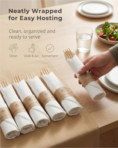 Pre Rolled Bamboo Cutlery Set with Napkins - 100 Pack Eco-Friendly Disposable Utensils