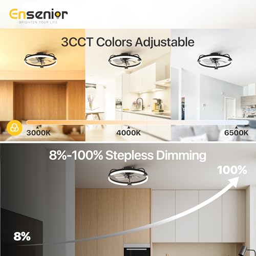 Ensenior 20-Inch Flush Mount Ceiling Fan with Lights, APP Control, Black