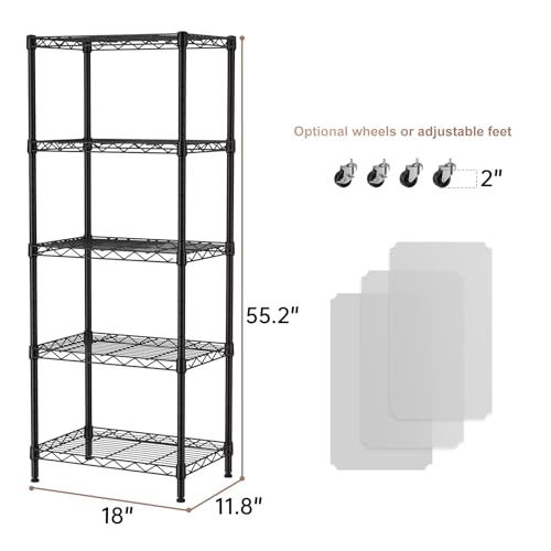 SINGAYE 5-Tier Adjustable Metal Pantry Shelf Black, 11.8"D x 17.3"W x 57.2"H
