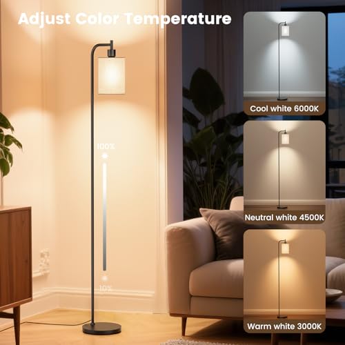 Beige Floor Lamp with Linen Shade, Dimmable Tall Standing Lamp with Remote & 3 Color Temperatures