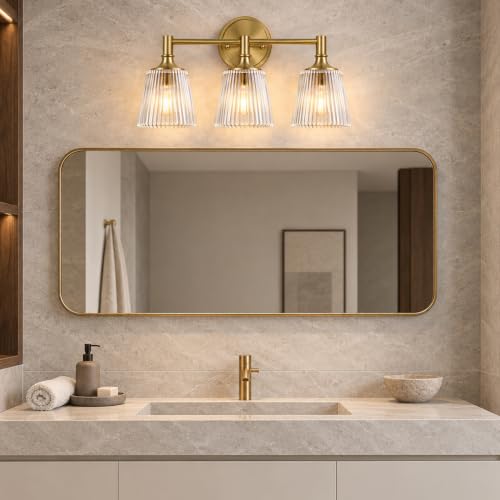Gold 3-Light Bathroom Vanity Light Fixture with Ribbed Glass - Wall Sconce - Variation of THIS listing