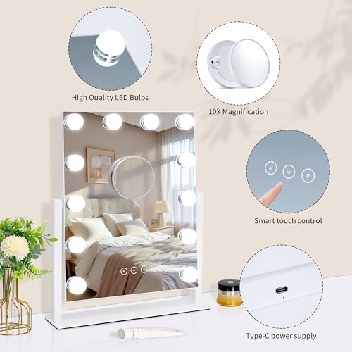 Lighted Vanity Mirror with 12 Dimmable Bulbs, 3 Color Modes, 10X Magnification, 360° Rotation - White, 16.8" L x 13.3" W