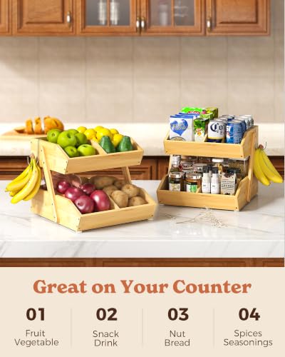Sevenblue 2-Tier Bamboo Fruit Basket with Banana Holders - Natural, Space-Saving Kitchen Organizer