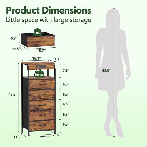 Furnulem 5-Drawer Dresser with Charging Station - Rustic Brown Nightstand