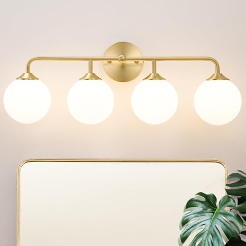 Gold 4-Light Bathroom Vanity Light Fixture with Milky White Glass Shades - Reversible Mounting