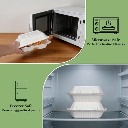 Lucklot 100 Pack 8x9 Inch Compostable Bagasse Food Containers - Eco-Friendly Takeout