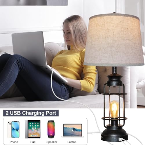Set of 2 Rustic Industrial Touch Table Lamps with USB Ports, 28.5" Tall, 3-Way Dimmable Bedside & Living Room Lighting