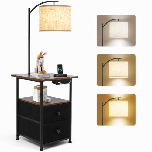 PESRAE Rustic Brown Floor Lamp with Table & 2 Drawers, USB Charging Station