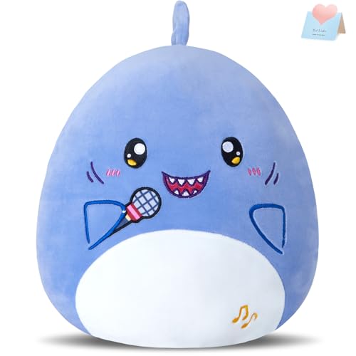 Glow Guards 12'' Shark Plush Pillow Cute Blue Shark Stuffed Animal Holding Microphone Soft Plush Toy Stuffed Animals Birthday Gift for Boys Girls Kids