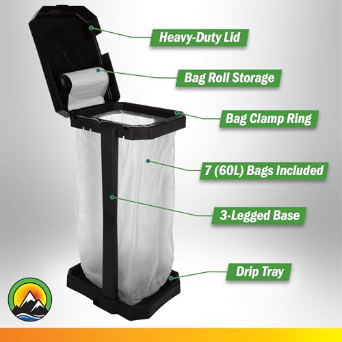 Wakeman Heavy Duty Black Trash Bag Portable Holder Stand with 7 Bags