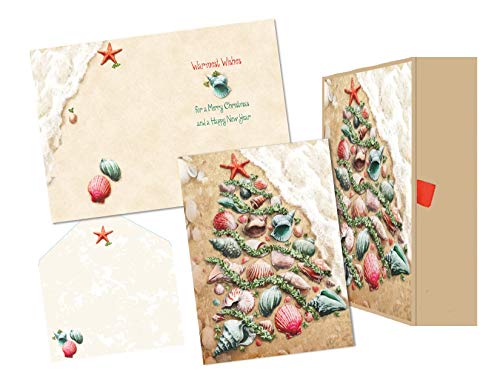 Lux Press Boxed Christmas Cards with Glitter Embellishment & Coordinating Envelopes – Shell Tree Design, 14 Cards